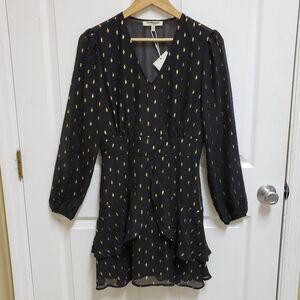 Free Generation Los Angeles Dress M Black Gold V Neck Ruffled Dress Long Sleeve